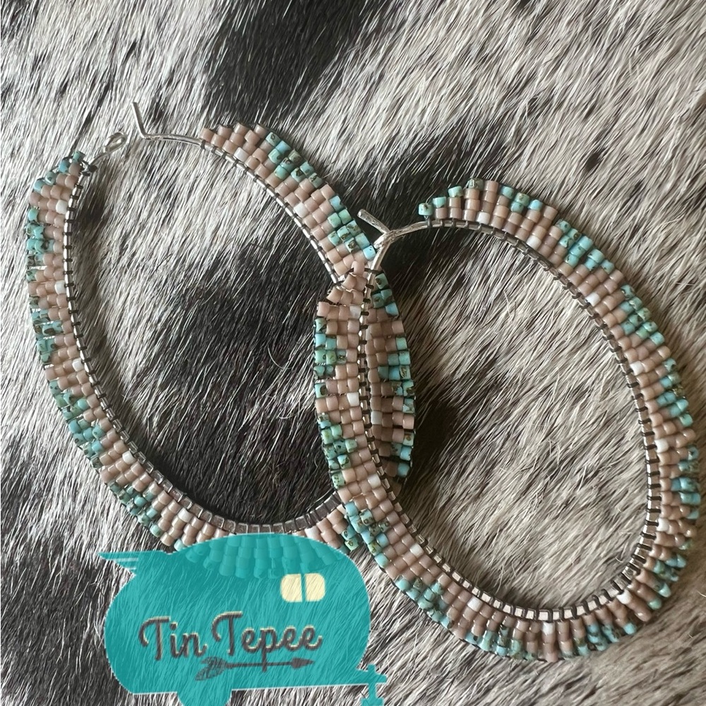 Beaded Hoop Earrings - Turquoise and Beige